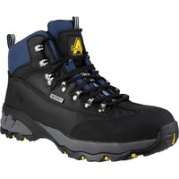 Black Amblers FS161 waterproof hiker safety boots with blue accents, metal eyelets, and rugged yellow-tread sole.