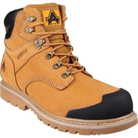 Tan Amblers FS226 safety boots with black toe cap, metal eyelets, padded collar, and Goodyear welted sole.