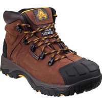 Brown Amblers FS39 waterproof safety boots with black toe cap, yellow laces, and rugged sole.