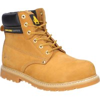 Tan Amblers FS7 Goodyear welted safety boots with black padded collar and yellow laces.