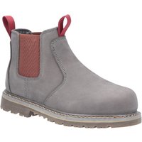 Gray Amblers Safety boot, slip-on with red elastic side panels and pull tabs, rugged sole, size 8.