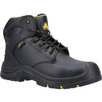 Black Amblers Safety boot, metal-free, waterproof, with metatarsal protection, yellow accents, size 14.