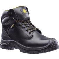 Black Amblers waterproof safety boot, metal-free, with metatarsal guard, yellow lining, and rugged sole, size 6.