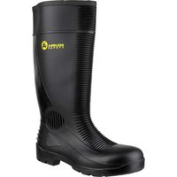 Black Amblers Safety FS100 Wellington boot with reinforced toe, ribbed shaft, and yellow logo.