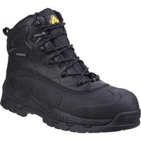 Black Amblers FS430 waterproof safety boots with padded ankle, non-metal eyelets, and rugged slip-resistant sole.
