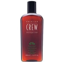 Brown bottle of American Crew 3-in-1 Tea Tree, 450ml, with black cap and white text.