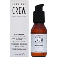 American Crew Beard Serum 50ml in amber bottle with black pump, next to white box with bold black text.