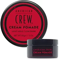 American Crew Cream Pomade 85g in black jar with red label, offering light hold and low shine.