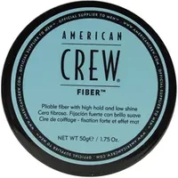 American Crew Fiber 50g hair styling product, black round container with blue lid and bold black text.