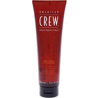 Red tube of American Crew Firm Hold Gel, 390ml, with white text and black flip cap.
