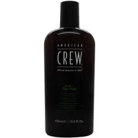 Dark brown American Crew 3-in-1 Tea Tree Shampoo Conditioner & Body Wash, 450ml bottle with black cap.