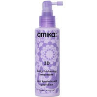 Amika 3D Daily Thickening Treatment Spray, 120ml, purple bottle with floral design and pump dispenser.