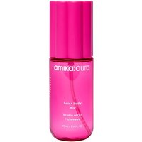 Pink Amika aura Hair & Body Mist 90ml bottle with white text and a glossy finish.