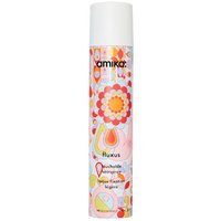 Amika Fluxus Touchable Hairspray 236ml in a colorful floral-patterned aerosol can with a white cap.