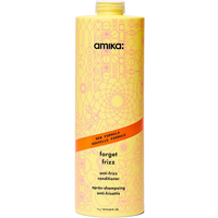 Yellow Amika Forget Frizz Conditioner 1000ml bottle with pink geometric pattern and orange label.