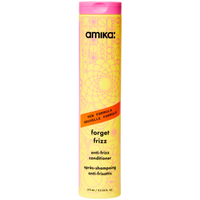 Yellow Amika Forget Frizz Conditioner 275ml bottle with pink cap, floral design, and orange label.