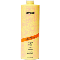 Yellow Amika Forget Frizz Shampoo 1000ml bottle with orange floral design and black text.