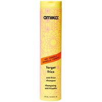 Yellow Amika Forget Frizz Shampoo 275ml bottle with orange floral design and black text.