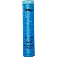 Blue cylindrical bottle of Amika Hydro Rush Intense Moisture Conditioner with geometric patterns, 275ml.