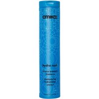 Blue cylindrical bottle of Amika Hydro Rush Intense Moisture Shampoo with intricate circular patterns, 275ml.