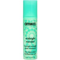 Turquoise bottle of Amika Midnight Mender Overnight Strength Repair Treatment with floral pattern and black text.