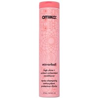 Pink cylindrical bottle of Amika Mirrorball Conditioner with geometric design, black text, and pink cap, 275ml.