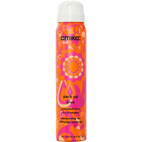 Amika Perk Up Plus dry shampoo, 79ml, in a vibrant pink and orange patterned spray can.
