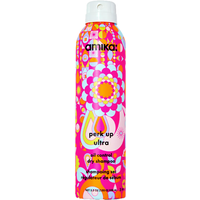 Amika Perk Up Ultra dry shampoo 250ml in a vibrant pink can with colorful floral patterns.