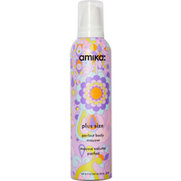 Amika Plus Size Perfect Body Mousse 250ml in a colorful floral-patterned can with a white cap.