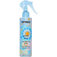 Amika Power Hour Curl Refreshing Spray 200ml with blue spray nozzle and colorful floral-patterned bottle.