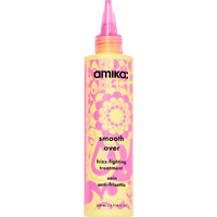 Amika Smooth Over Frizz Fighting Treatment 200ml, yellow bottle with pink floral design and pointed cap.