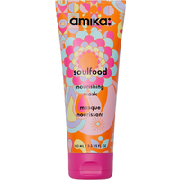 Amika Soulfood Nourishing Mask 100ml tube with vibrant floral design and bold lettering.
