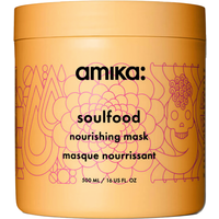 Amika Soulfood Nourishing Mask 250ml in orange jar with purple floral design and bold logo.