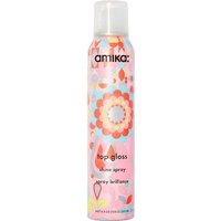 Amika Top Gloss Shine Spray 141ml in a colorful floral-patterned aerosol can with a white cap.