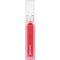 Clear rectangular tube of Amuse Dew Tint Lip Tint in vibrant coral shade with white Amuse logo.