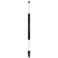 Dual-ended brush with firm angled bristles on one side and a spoolie on the other, black handle with silver accents.