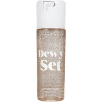 Anastasia Beverly Hills Dewy Set spray, 100ml, clear bottle with white pump and glittery gold label.
