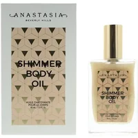 Anastasia Beverly Hills Shimmer Body Oil 45ml in clear glass bottle with gold cap and geometric label design.
