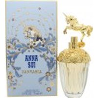 Anna Sui Fantasia Eau de Toilette 75ml, gold unicorn-topped bottle with ornate design, blue box with floral accents.