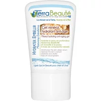 White tube of Terra Beauté Anti-Age Hydrating Mineral Gel with blue and green logo and French text.