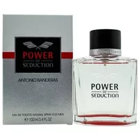 Antonio Banderas Power Of Seduction Eau De Toilette 100ml, clear glass bottle with black cap, silver and red box.
