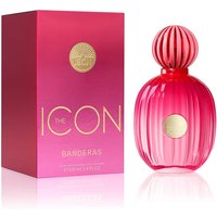 Pink Antonio Banderas The Icon Pour Femme perfume bottle with gold accents and matching pink box.