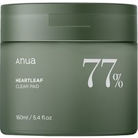 Green Anua Heartleaf 77% Clear Pad jar with white text, 160ml capacity, designed for anti-blemish care on oily skin.