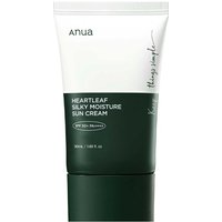 Anua Heartleaf Silky Moisturiser Sunscreen 50ml, white and dark green tube with minimalist design.