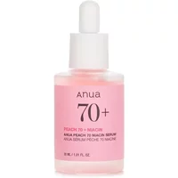 ANUA Peach 70+ Niacinamide Serum 30ml in a clear bottle with pink label and white dropper cap.