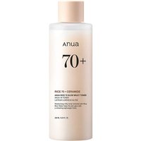 Anua Rice 70 Glow Milky Toner 250ml in a beige cylindrical bottle with black text and a white cap.