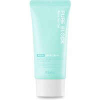 Aqua blue tube of A'PIEU Pure Block Aqua Sun Gel SPF50+ PA+++ with white text and flip-top cap.