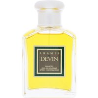 Clear glass bottle of Aramis Devin Country Eau de Cologne with white cap and gold label containing yellow liquid.
