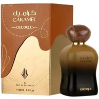 Ard Al Zaafaran Caramel Oud Eau De Parfum 100ml, dark gradient bottle with wooden cap, beside brown box.