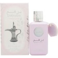 Pink Ard Al Zaafaran Dirham Wardi Eau de Parfum 100ml spray with silver cap and matching box featuring ornate design.